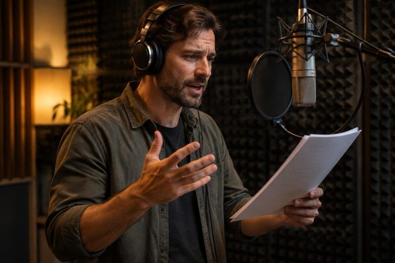 Comédien voix off professionnel enregistrant dans un home studio équipé de panneaux acoustiques et d'un micro condensateur.