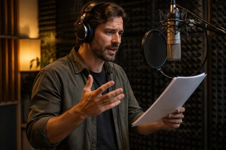 Comédien voix off professionnel enregistrant dans un home studio équipé de panneaux acoustiques et d'un micro condensateur.