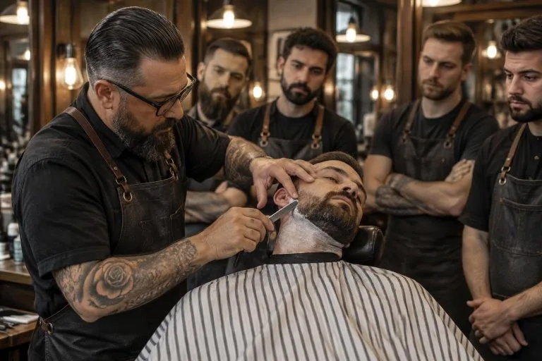 Formateur barbier démontrant la taille de barbe au coupe-chou devant un groupe d'élèves attentifs dans un atelier de coiffure moderne.