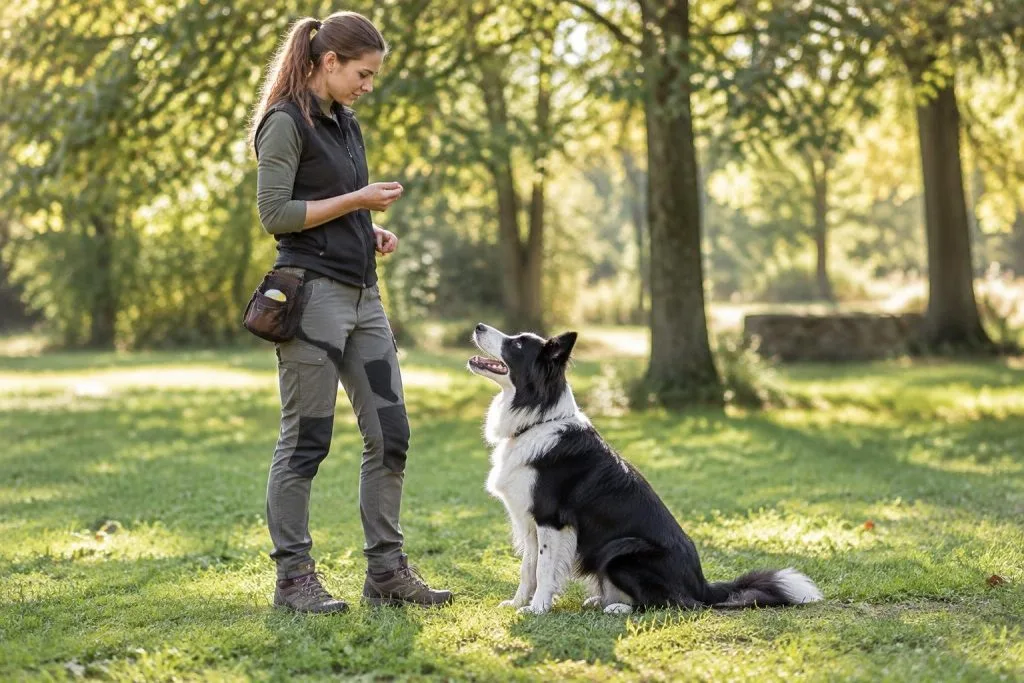 Éducateur canin professionnel dressant un chien dans un parc ensoleillé lors d'une séance de formation pratique.