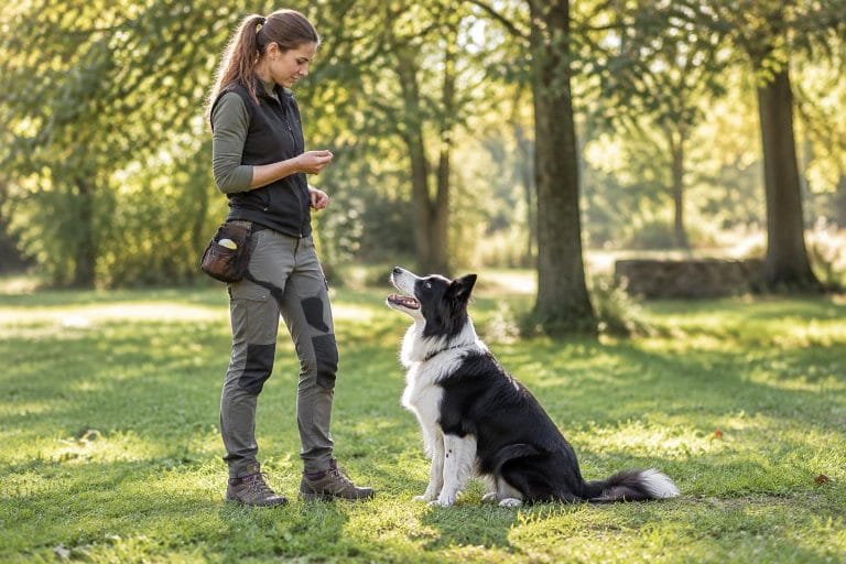 Éducateur canin professionnel dressant un chien dans un parc ensoleillé lors d'une séance de formation pratique.