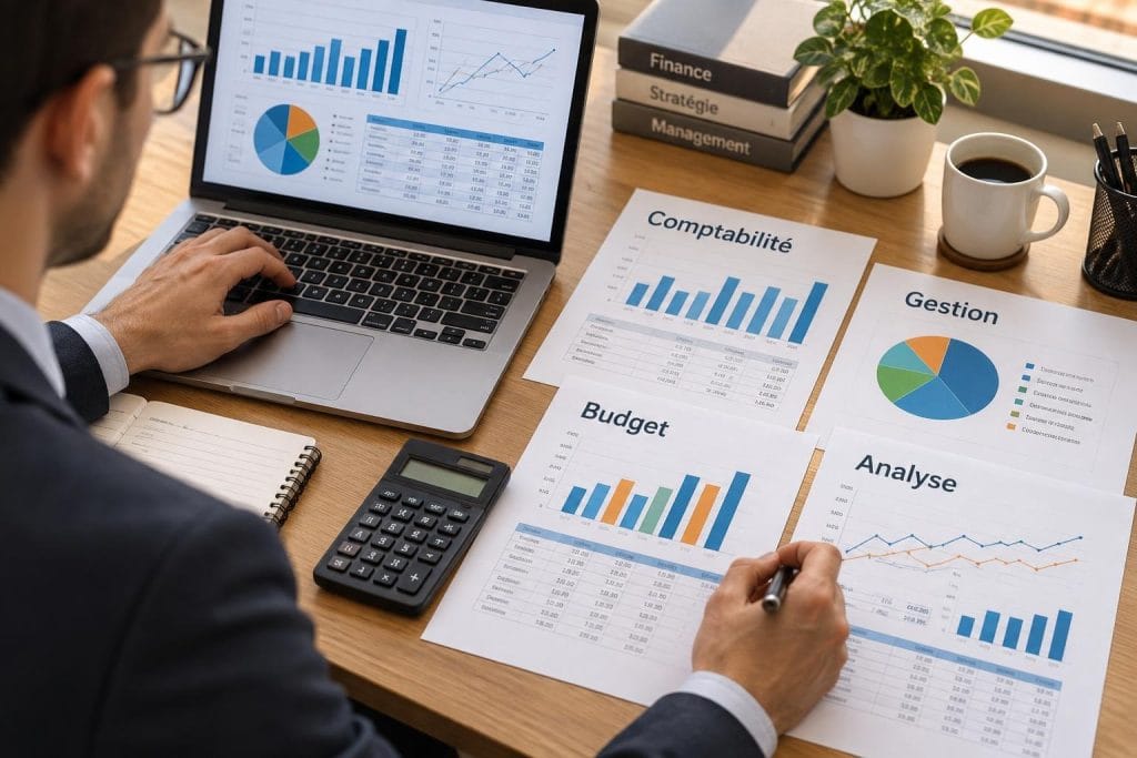 Vue de dessus d'un bureau avec ordinateur, calculatrice et documents affichant des graphiques colorés pour l'analyse comptable.