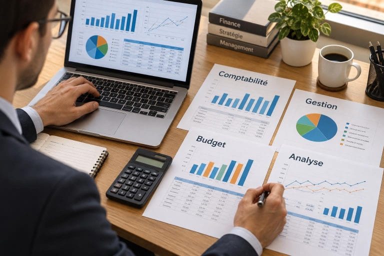 Vue de dessus d'un bureau avec ordinateur, calculatrice et documents affichant des graphiques colorés pour l'analyse comptable.