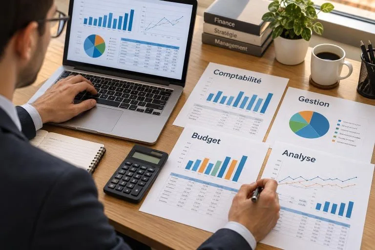 Vue de dessus d'un bureau avec ordinateur, calculatrice et documents affichant des graphiques colorés pour l'analyse comptable.