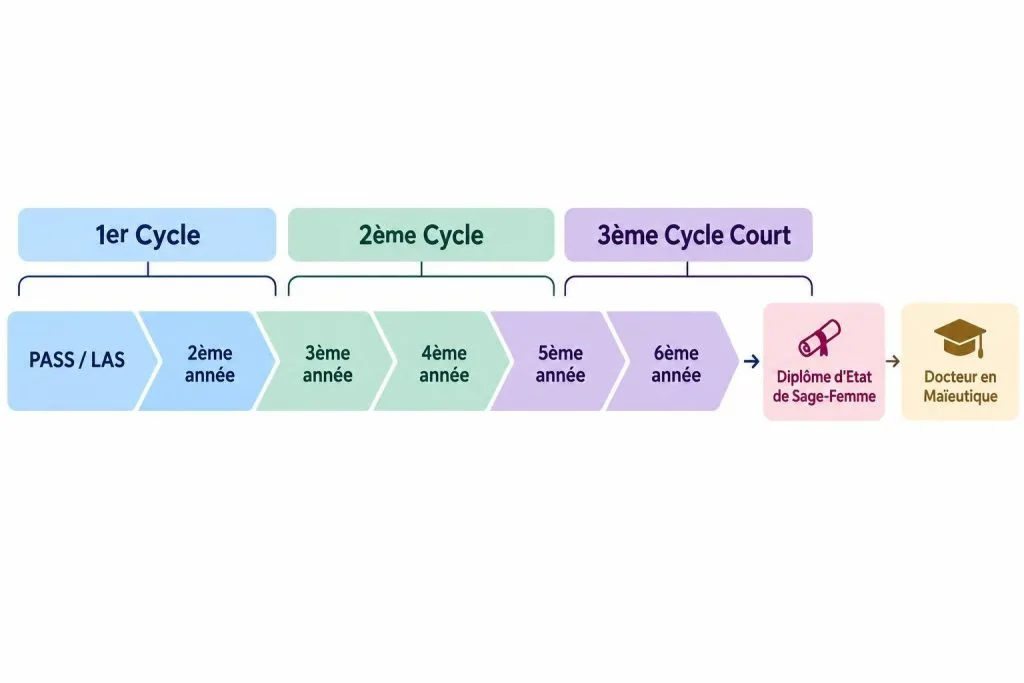 Schéma chronologique du parcours de formation en maïeutique sur 6 ans, détaillant les cycles d'études, les années universitaires et les diplômes obtenus.