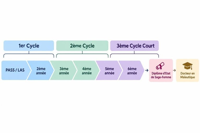 Schéma chronologique du parcours de formation en maïeutique sur 6 ans, détaillant les cycles d'études, les années universitaires et les diplômes obtenus.