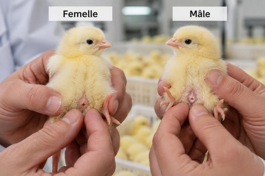 Mains de sexeur tenant délicatement un poussin jaune dans un couvoir pour l'inspection, avec les labels Femelle et Mâle.