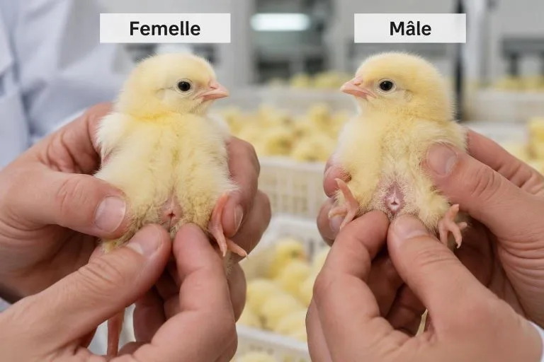 Mains de sexeur tenant délicatement un poussin jaune dans un couvoir pour l'inspection, avec les labels Femelle et Mâle.