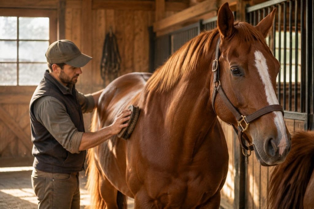 Palefrenier professionnel brossant un cheval alezan dans une écurie en bois baignée de lumière naturelle.