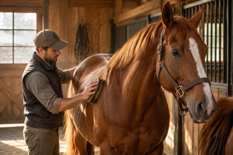 Palefrenier professionnel brossant un cheval alezan dans une écurie en bois baignée de lumière naturelle.