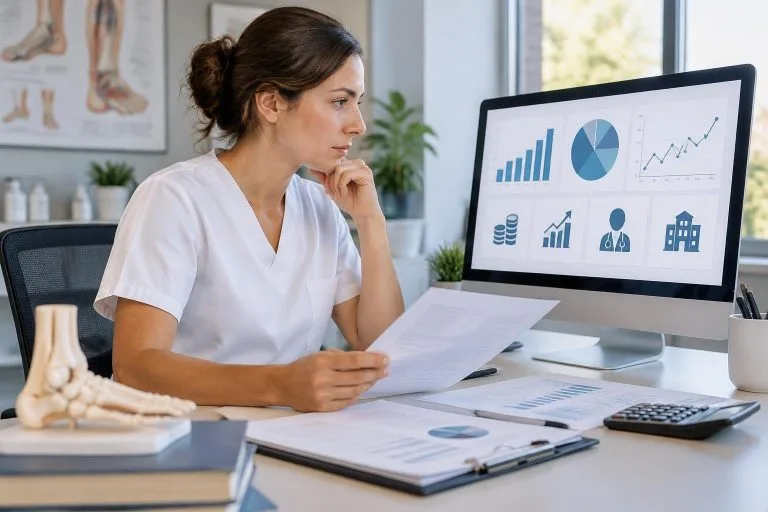 Podologue en blouse blanche assis à son bureau analysant des documents financiers et un ordinateur affichant les notions de salaire net et chiffre d'affaires.