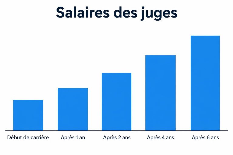 Graphique en barres montrant l'évolution du salaire mensuel brut des juges en France selon l'ancienneté, du début de carrière à six ans.