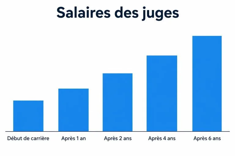 Graphique en barres montrant l'évolution du salaire mensuel brut des juges en France selon l'ancienneté, du début de carrière à six ans.
